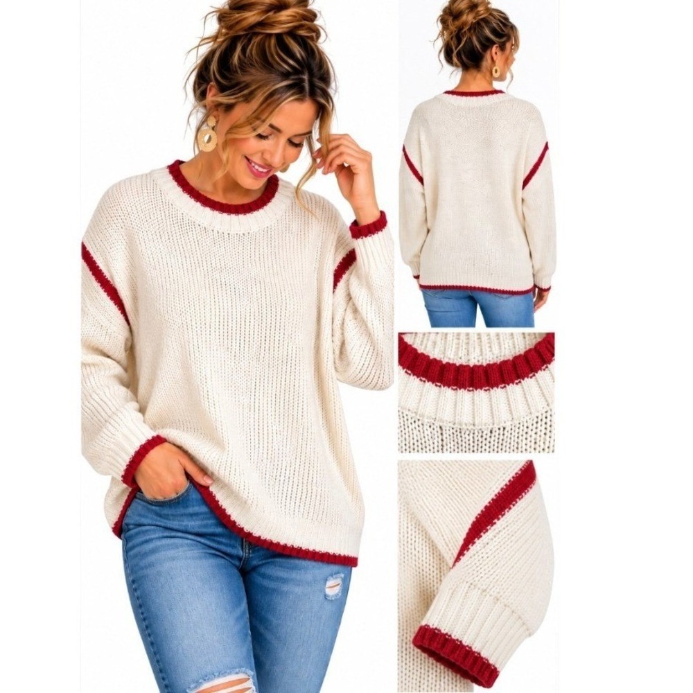 Cream Red Trim Chunky Knit Sweater Oversized Varsity Coastal Preppy Small